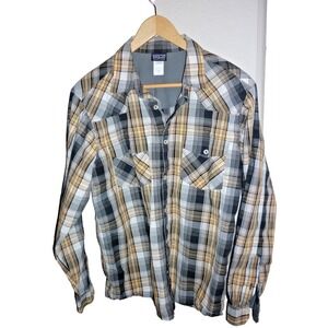 Patagonia Mens Organic Cotton Plaid Western Snap Shirt Brown Black White Medium